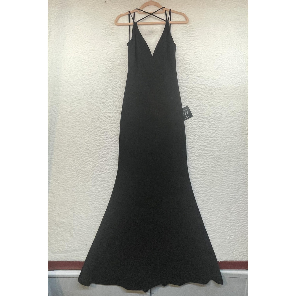 Lulus Dress Womens Medium Black Strappy V Neck Maxi Gown Formal Evening New